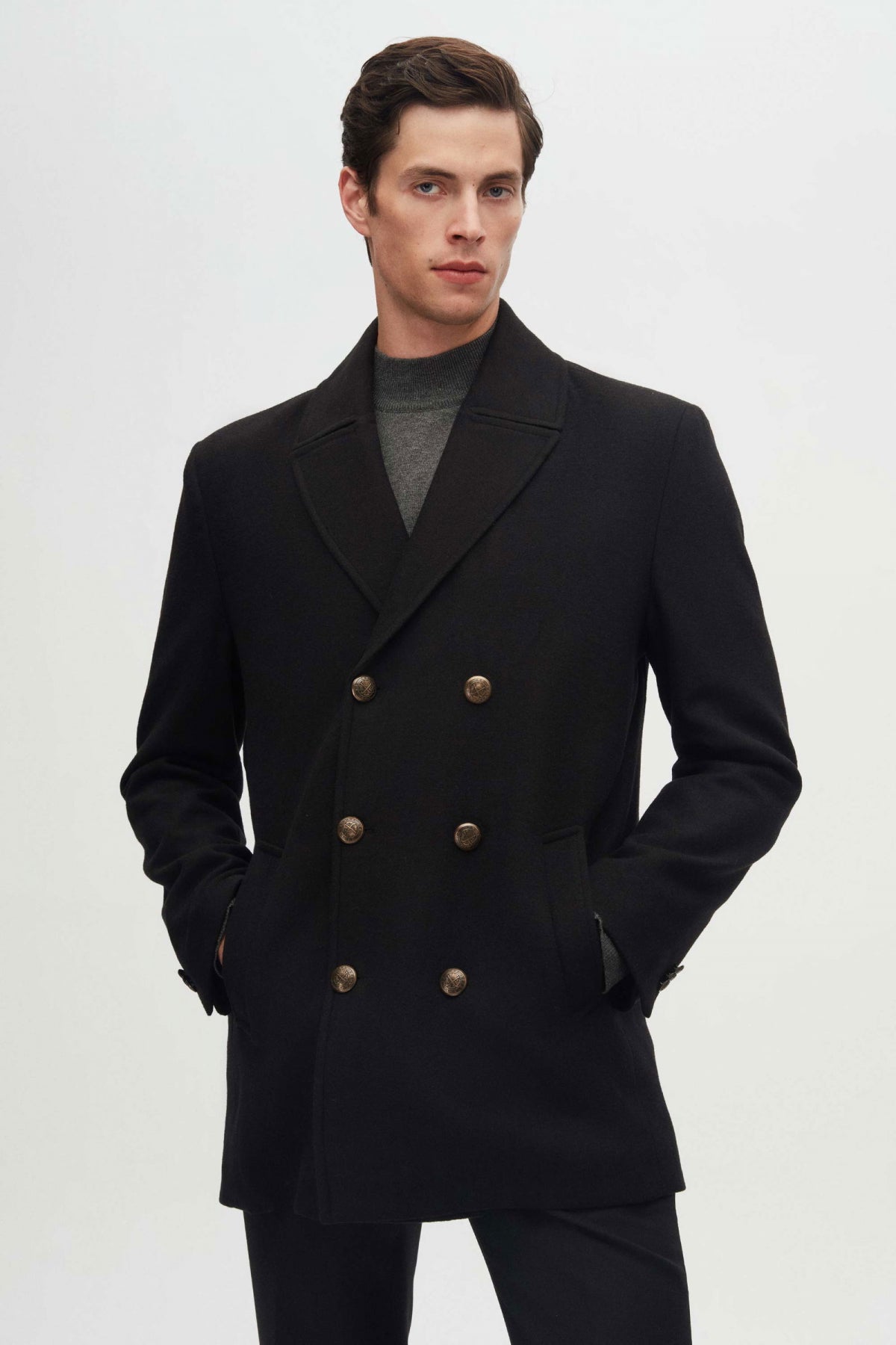 Ds Damat Regular Fit Double-Breasted Sailor Button Detail Wool Coat  - Black