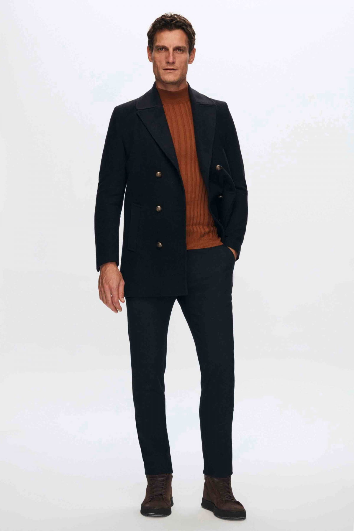Ds Damat Regular Fit Double-Breasted Sailor Button Detail Wool Coat  - Navy Blue