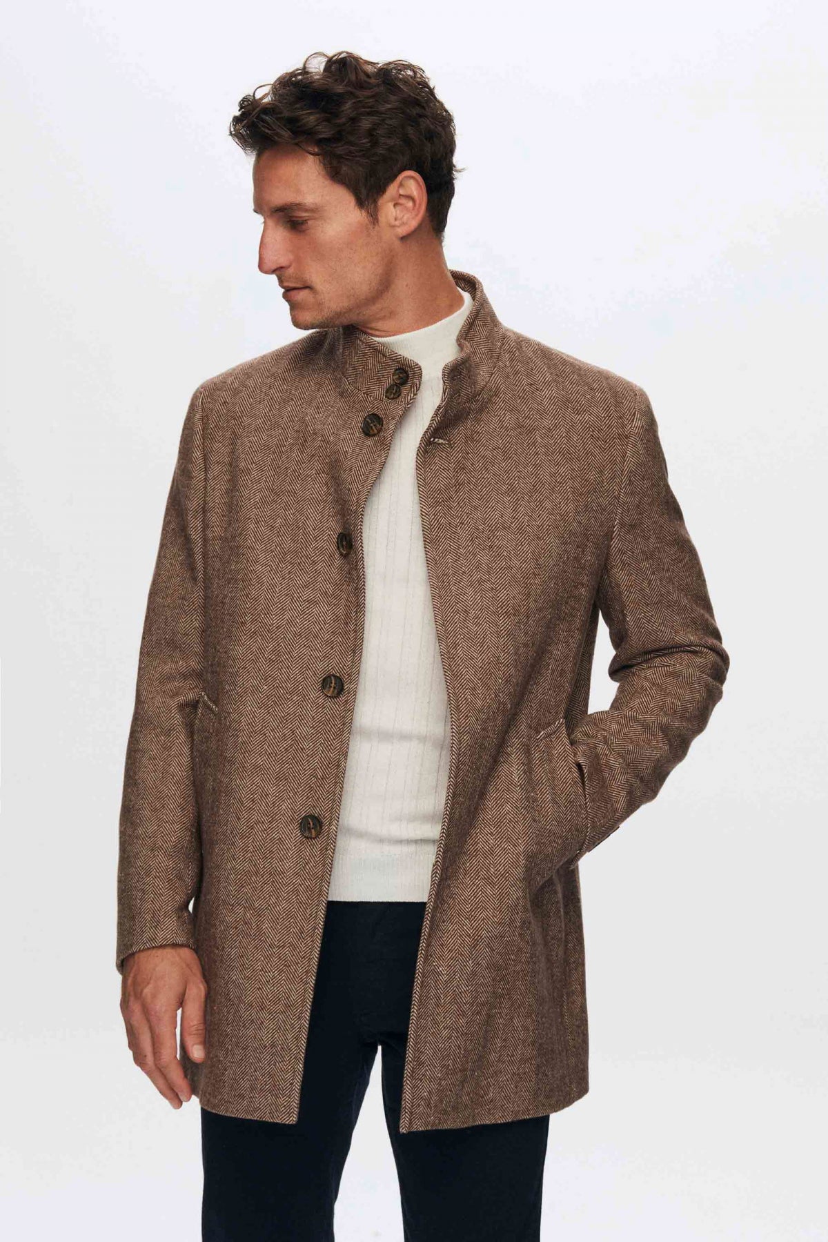 Ds Damat Regular Fit Herringbone Stand Collar Coat  - Brown