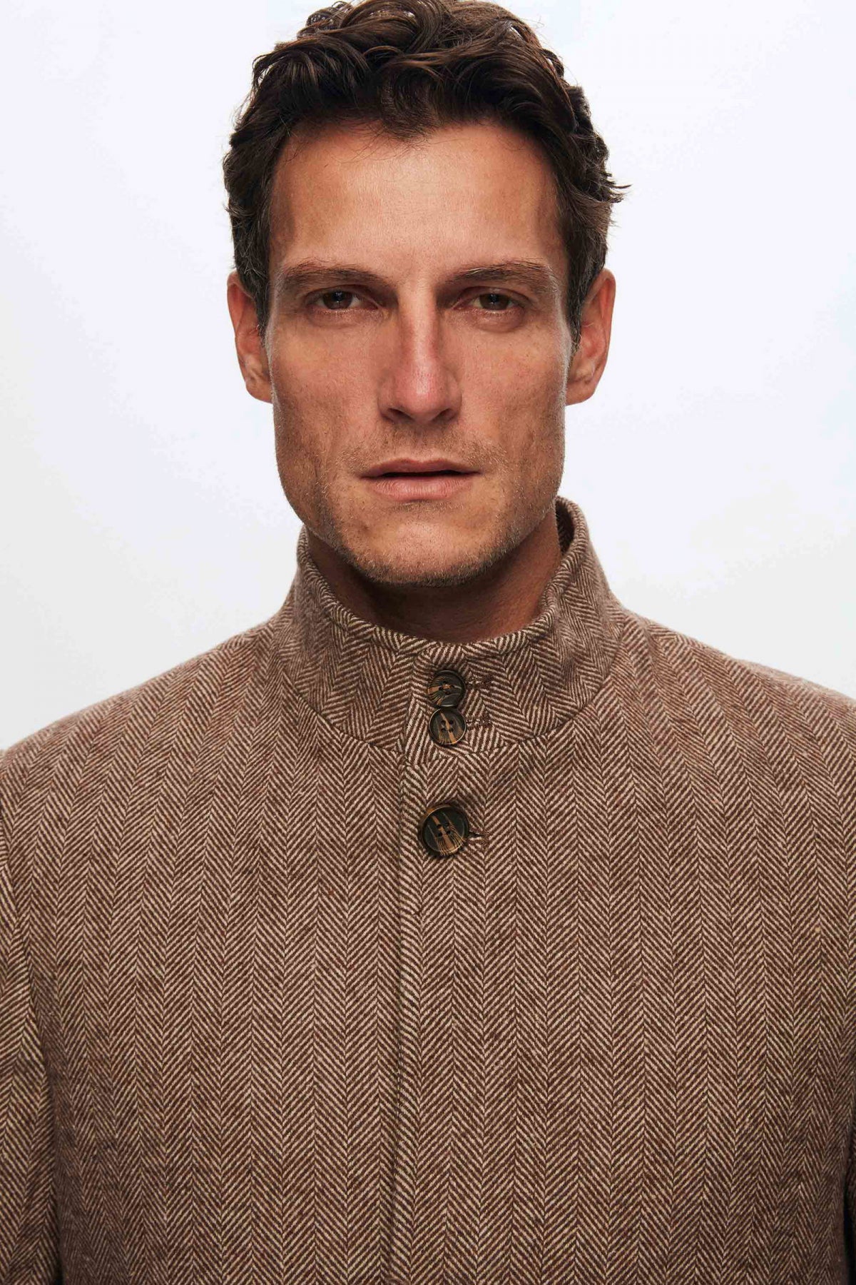 Ds Damat Regular Fit Herringbone Stand Collar Coat  - Brown