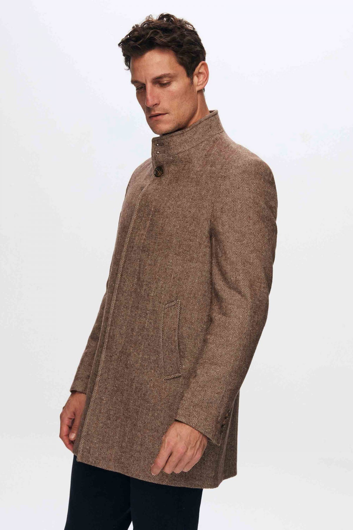 Ds Damat Regular Fit Herringbone Stand Collar Coat  - Brown