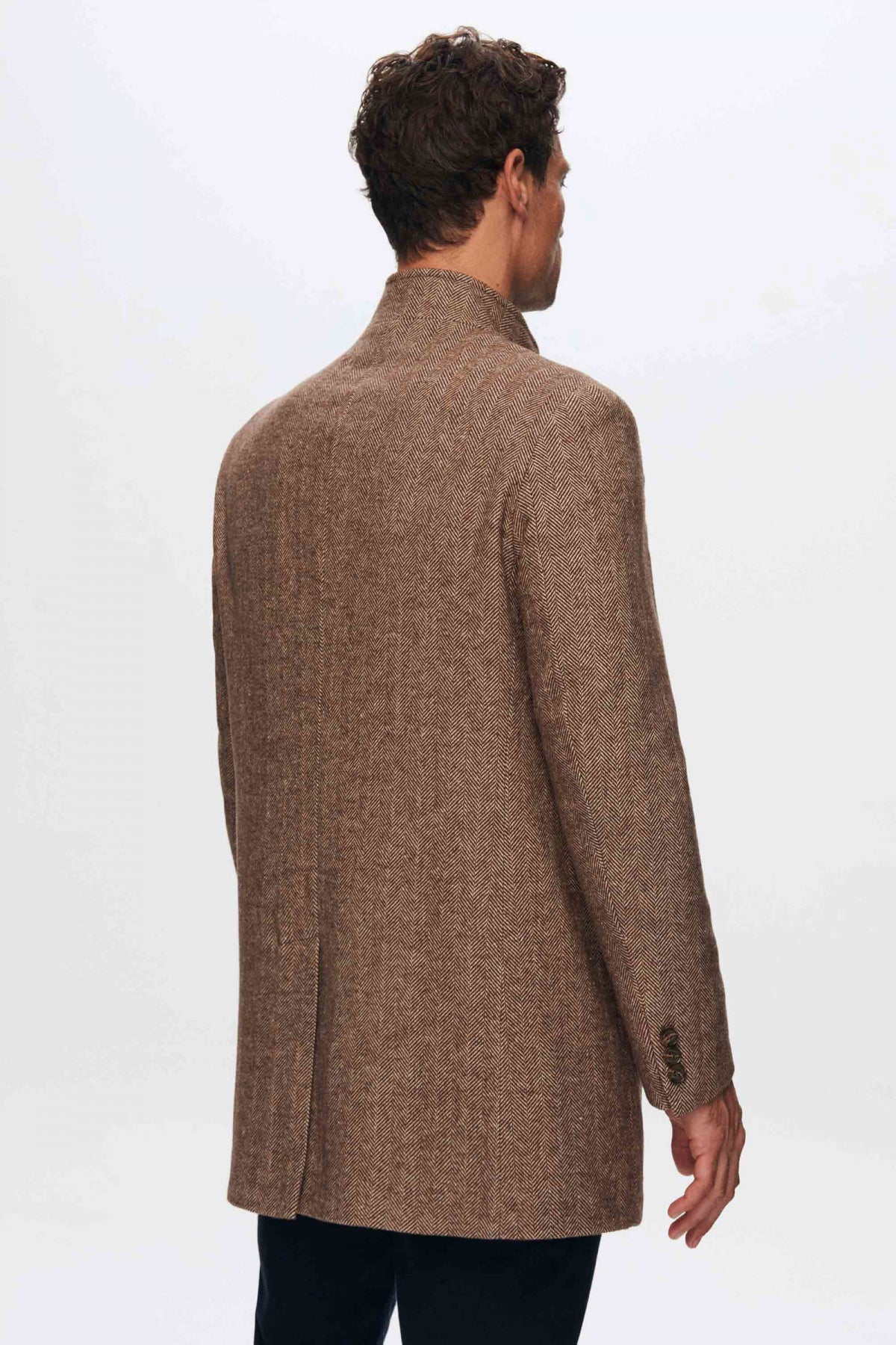 Ds Damat Regular Fit Herringbone Stand Collar Coat  - Brown