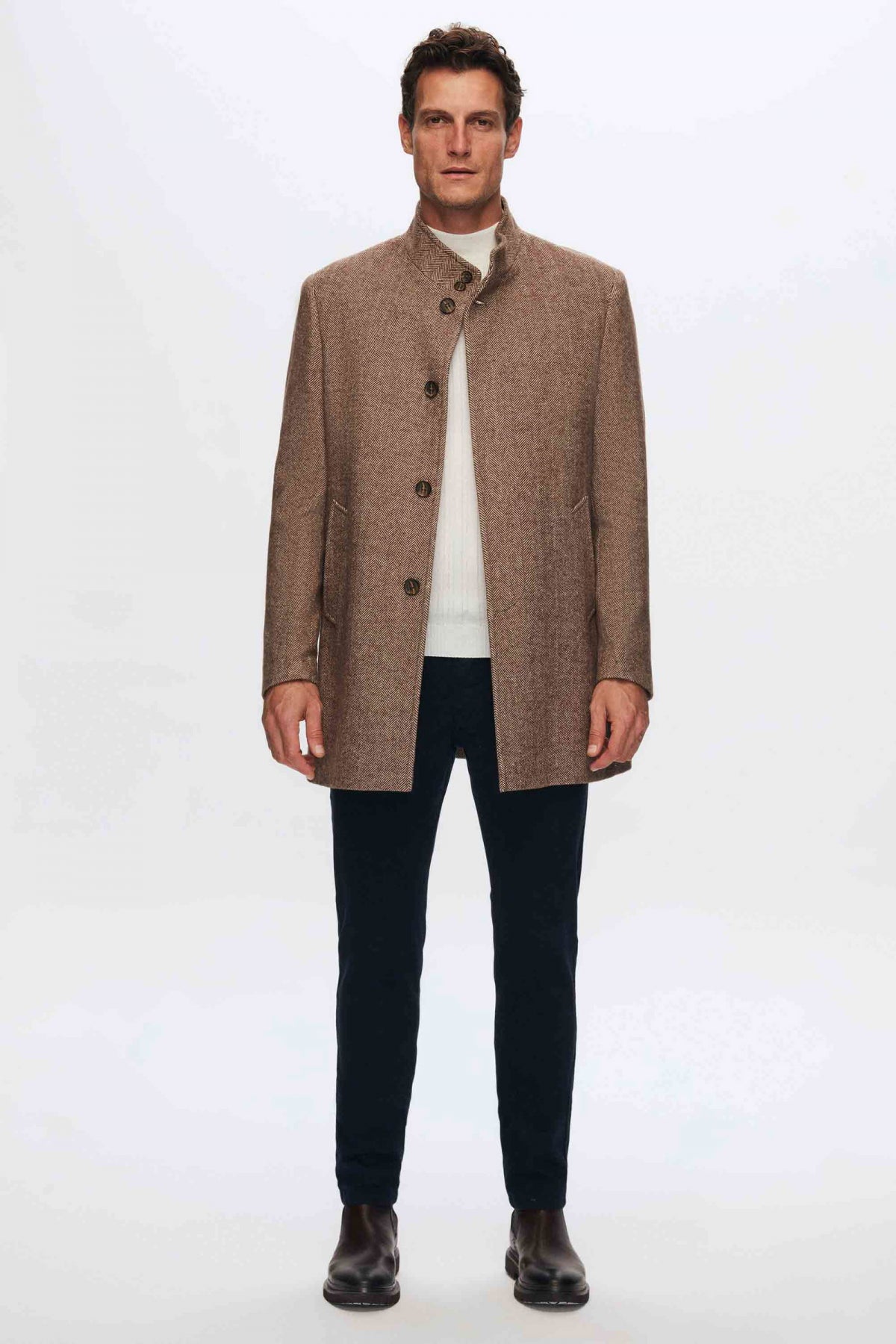 Ds Damat Regular Fit Herringbone Stand Collar Coat  - Brown