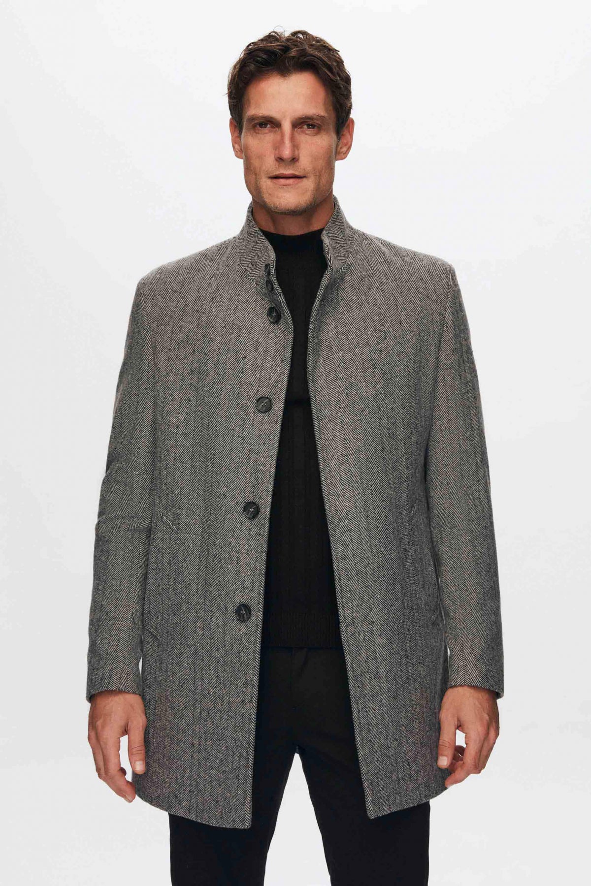 Ds Damat Regular Fit Herringbone Stand Collar Coat  - Gray