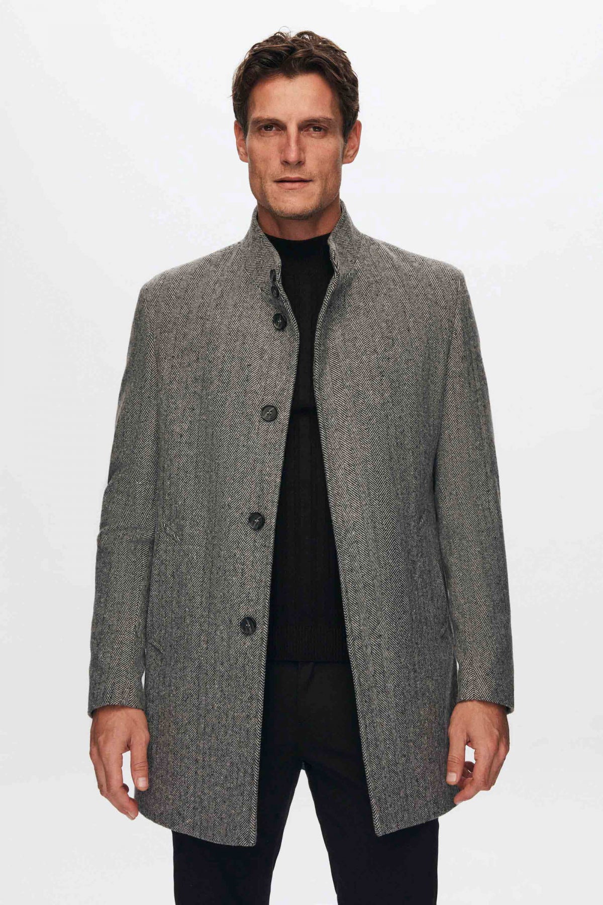 Ds Damat Regular Fit Herringbone Stand Collar Coat  - Gray