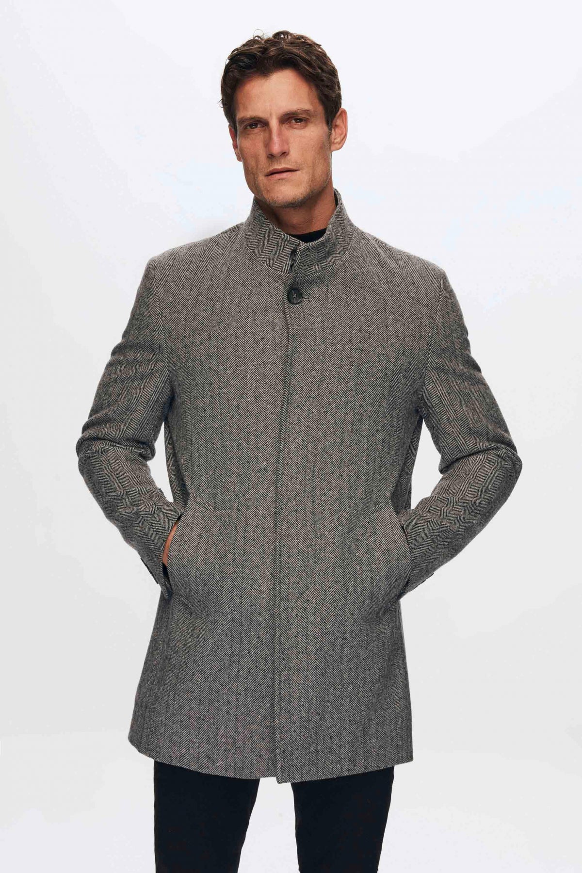 Ds Damat Regular Fit Herringbone Stand Collar Coat  - Gray