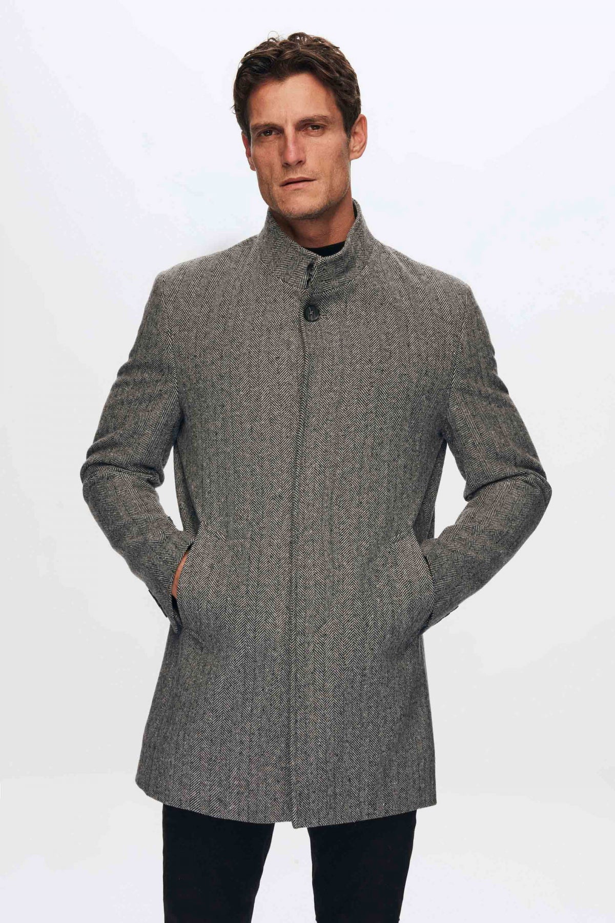 Ds Damat Regular Fit Herringbone Stand Collar Coat  - Gray