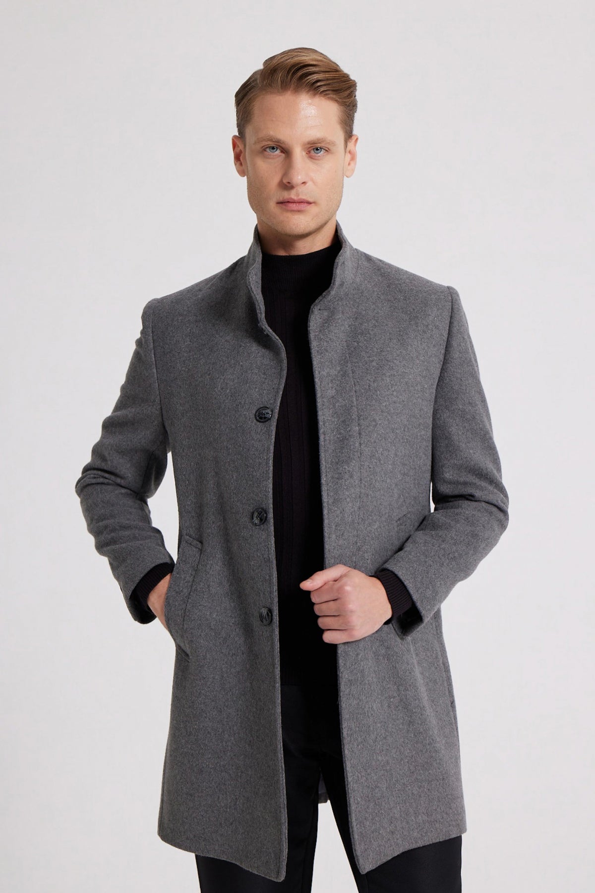Ds Damat Regular Fit Mandarin Collar Wool Coat  - Anthracite