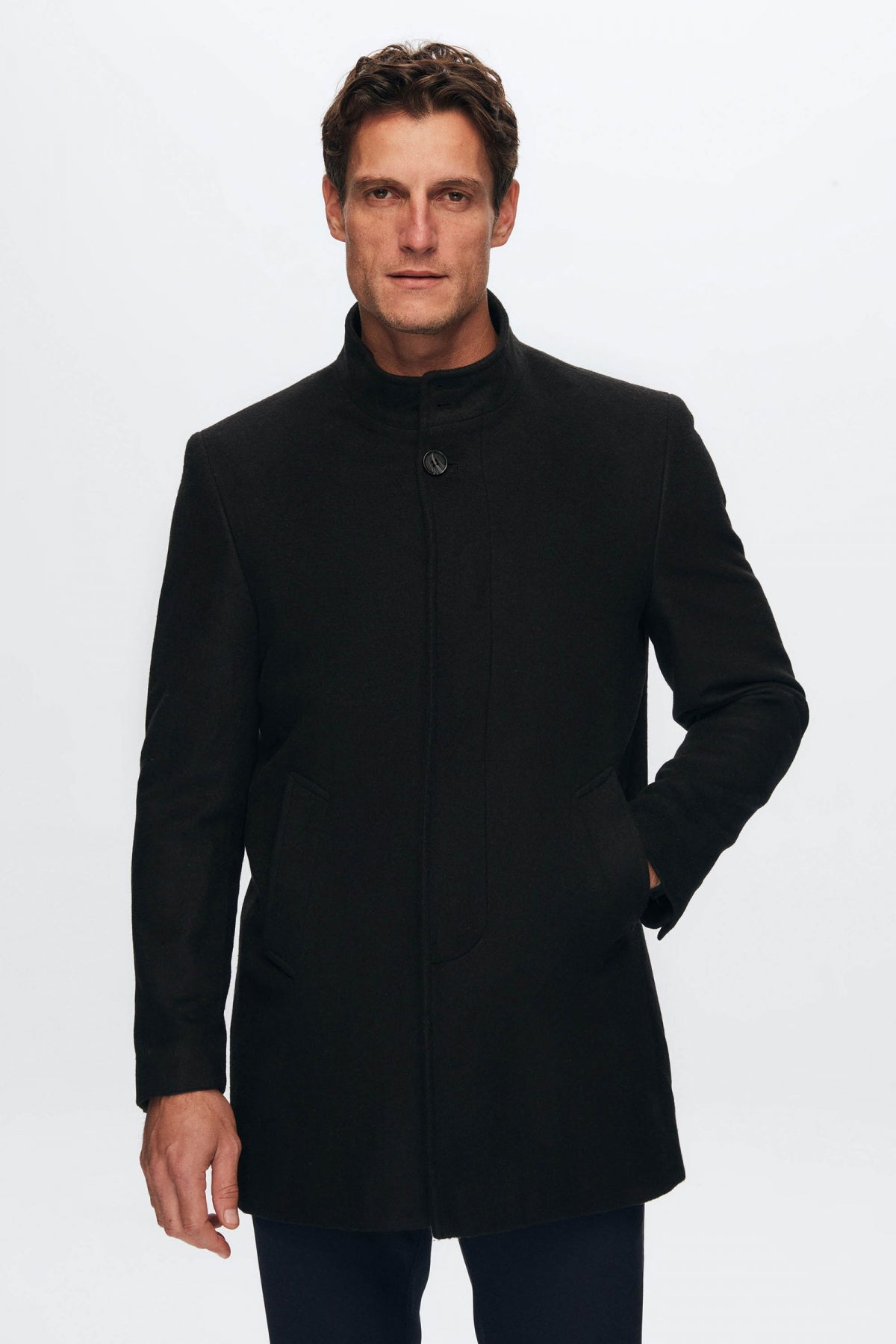 Ds Damat Regular Fit Mandarin Collar Wool Coat  - Black