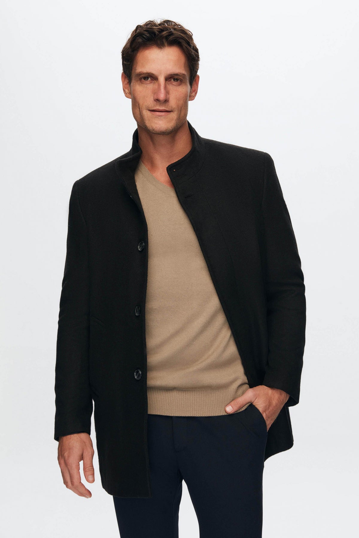 Ds Damat Regular Fit Mandarin Collar Wool Coat  - Black