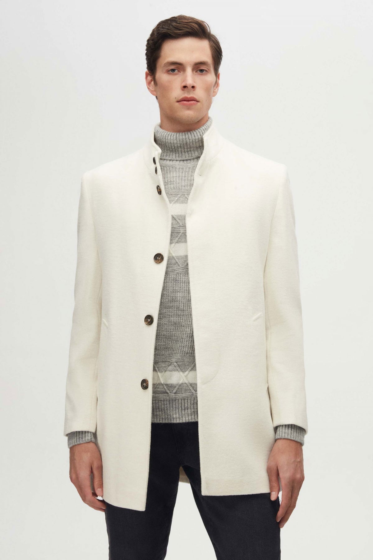 Ds Damat Regular Fit Mandarin Collar Wool Coat  - Ecru