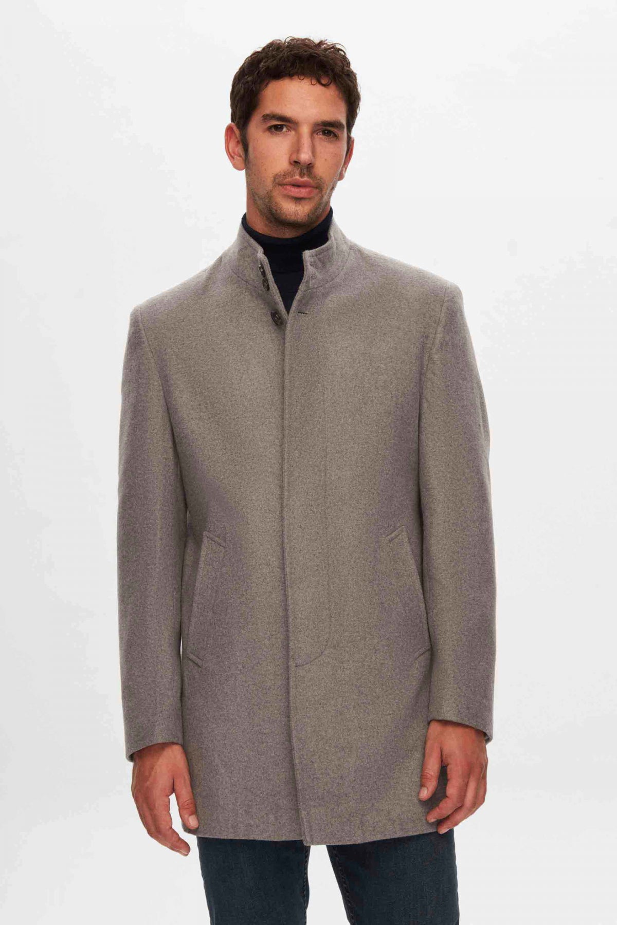 Ds Damat Regular Fit Mandarin Collar Wool Coat  - Gray