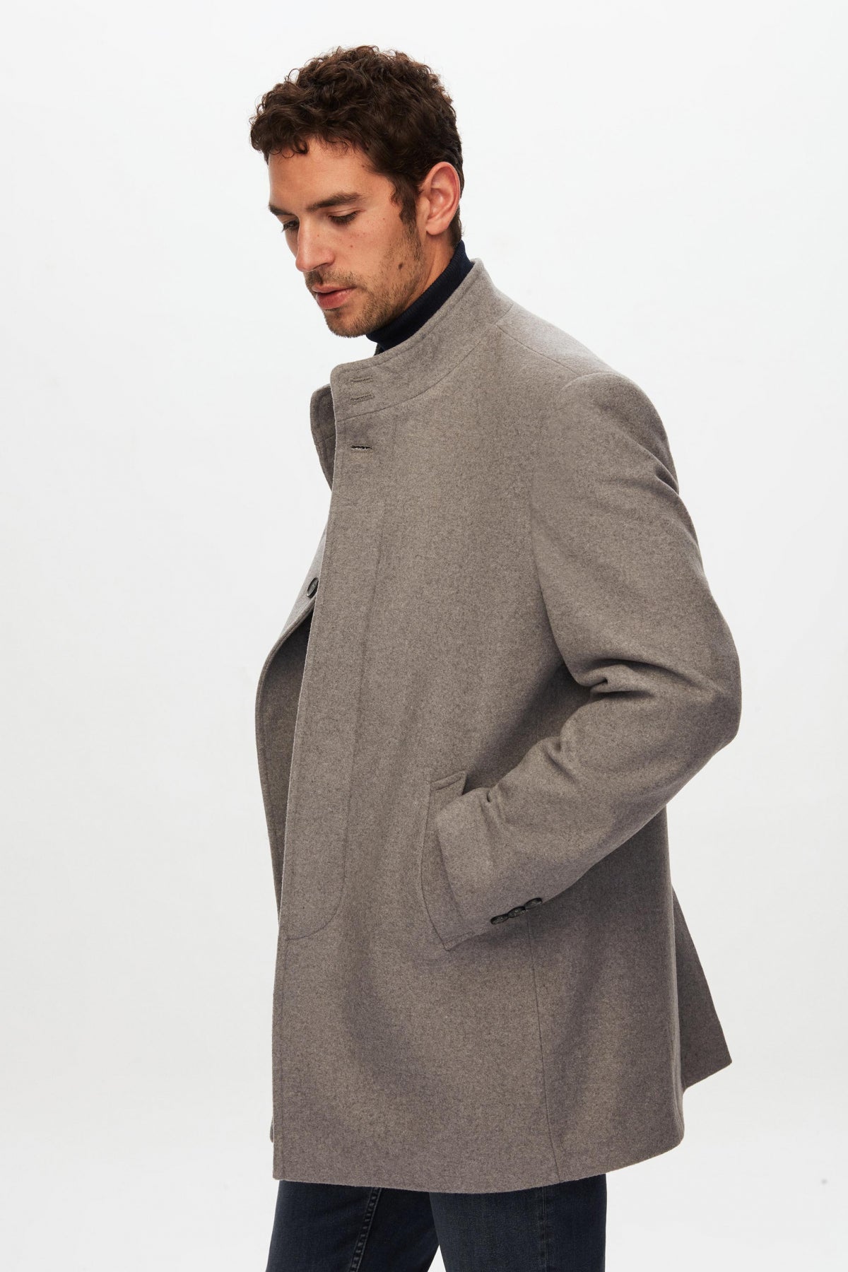 Ds Damat Regular Fit Mandarin Collar Wool Coat  - Gray
