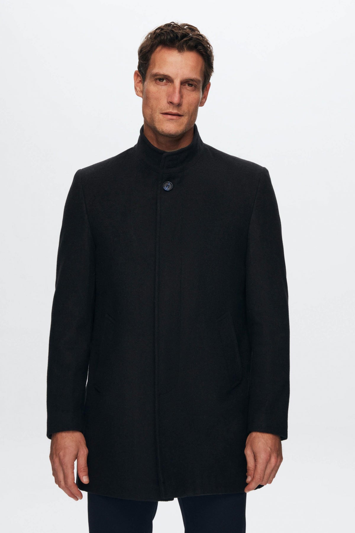 Ds Damat Regular Fit Mandarin Collar Wool Coat  - Navy Blue