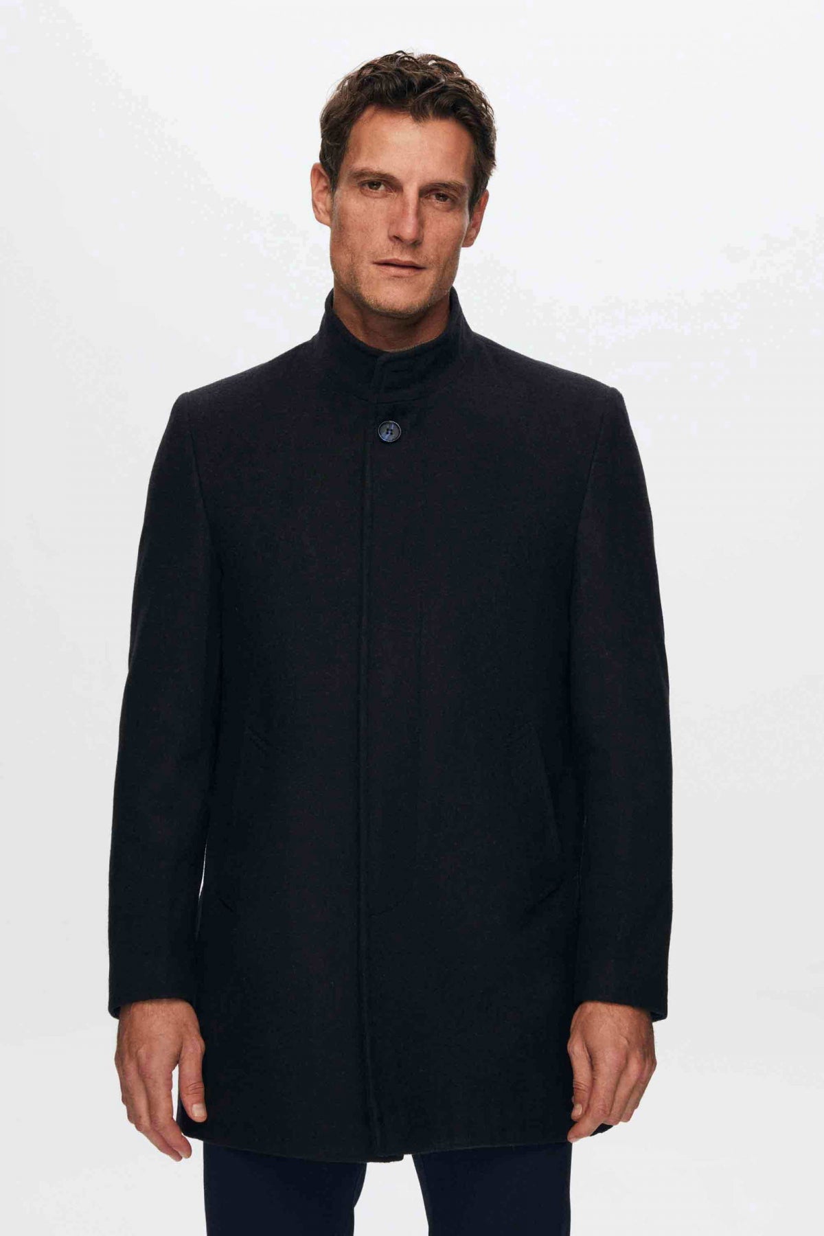 Ds Damat Regular Fit Mandarin Collar Wool Coat  - Navy Blue