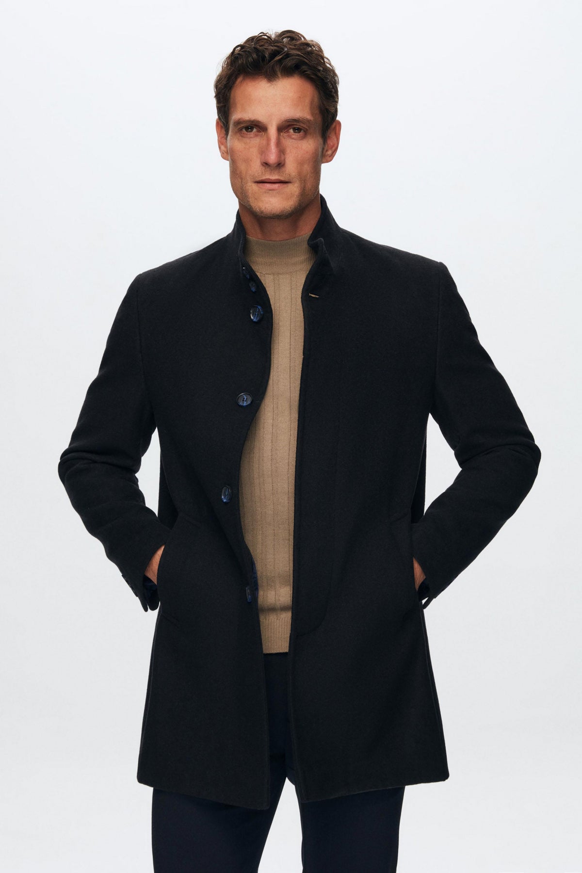 Ds Damat Regular Fit Mandarin Collar Wool Coat  - Navy Blue