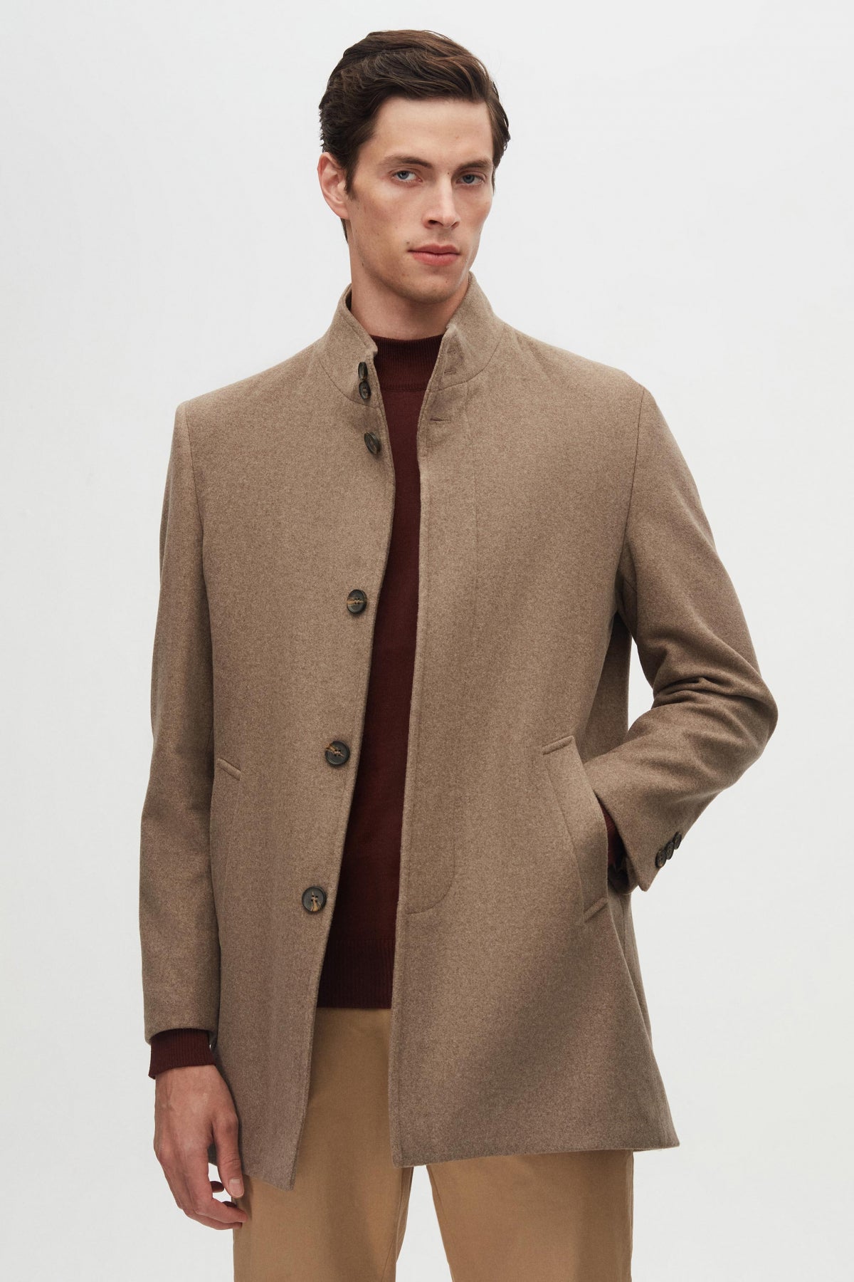 Ds Damat Regular Fit Mandarin Collar Wool Coat  - Taupe