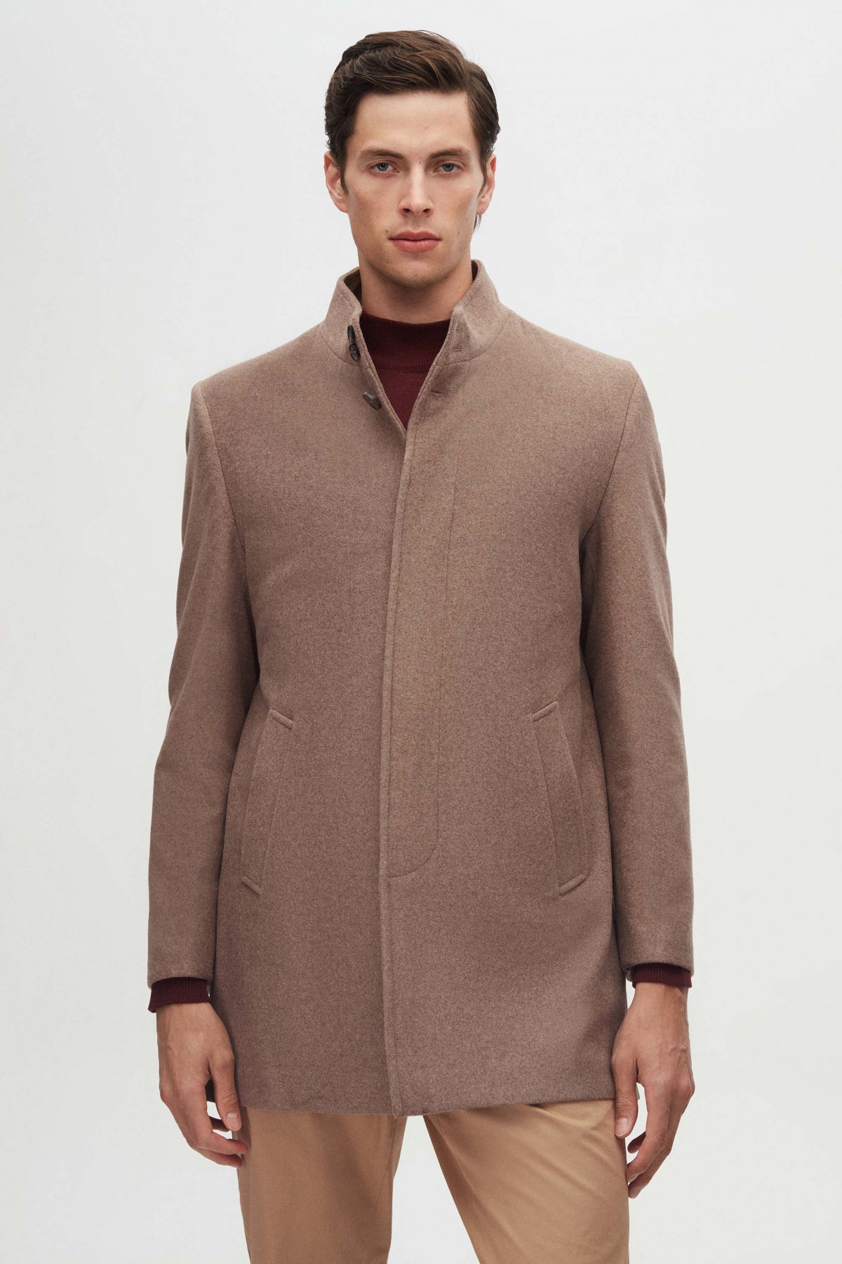 Ds Damat Regular Fit Mandarin Collar Wool Coat  - Taupe