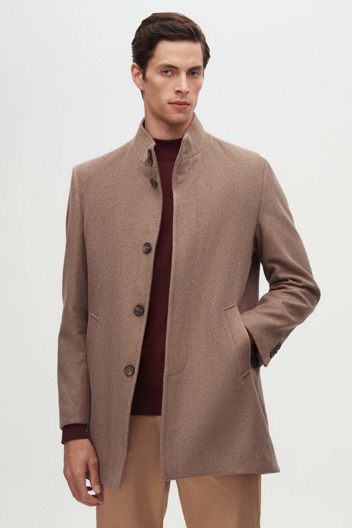 Ds Damat Regular Fit Mandarin Collar Wool Coat  - Taupe
