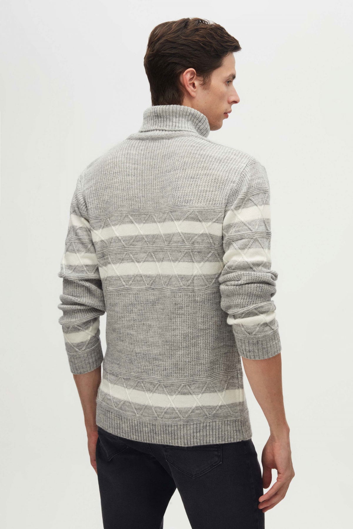 Ds Damat Regular Fit Melange Striped Anti-Pilling Full Turtleneck Knit Sweater  - Gray Melange