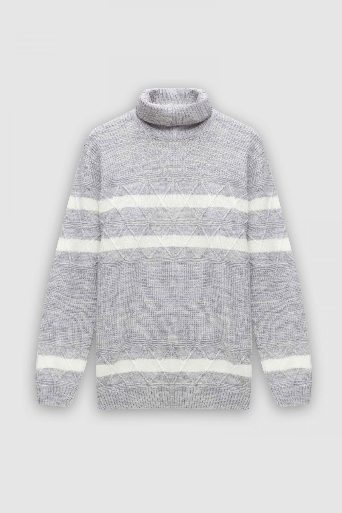 Ds Damat Regular Fit Melange Striped Anti-Pilling Full Turtleneck Knit Sweater  - Gray Melange