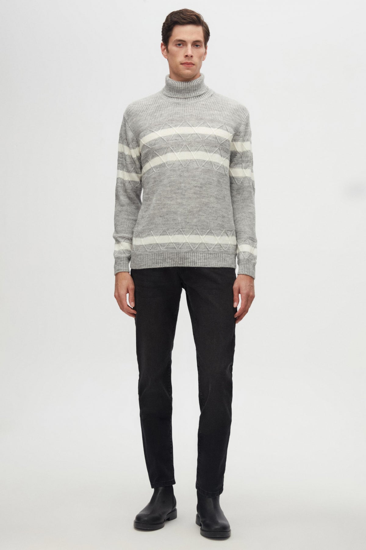 Ds Damat Regular Fit Melange Striped Anti-Pilling Full Turtleneck Knit Sweater  - Gray Melange