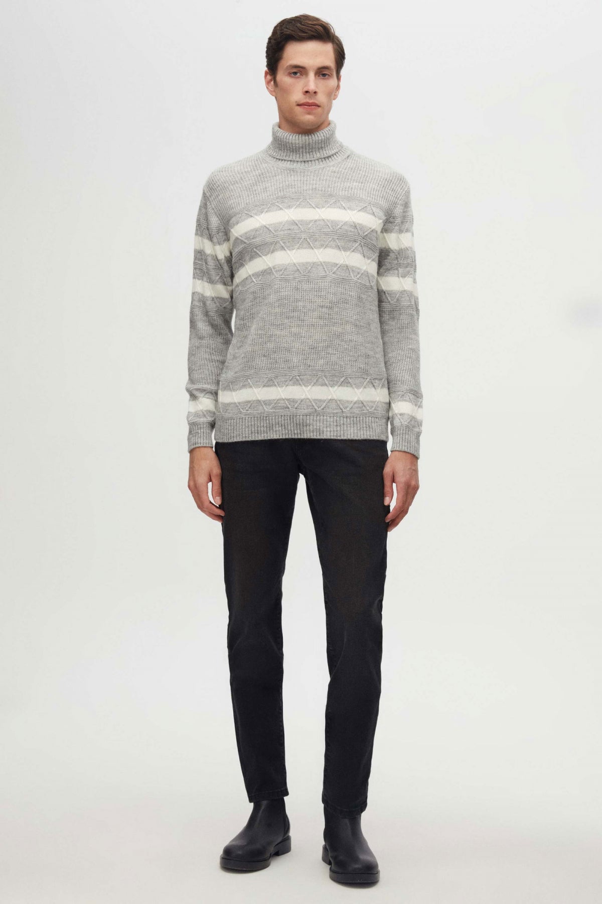 Ds Damat Regular Fit Melange Striped Anti-Pilling Full Turtleneck Knit Sweater  - Gray Melange
