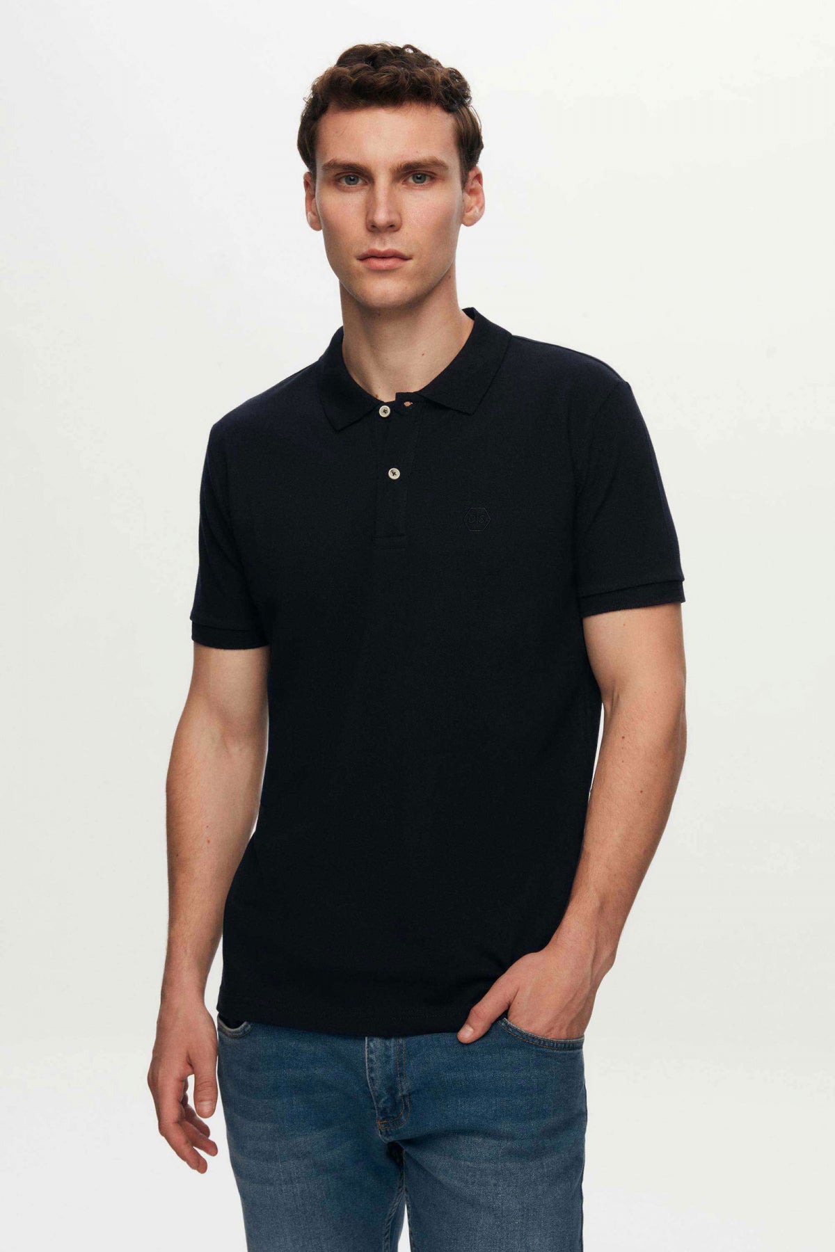 Ds Damat Regular Fit Mixed Color Textured 100% Cotton Polo Collar T-Shirt  - Navy Blue/Light Blue/White