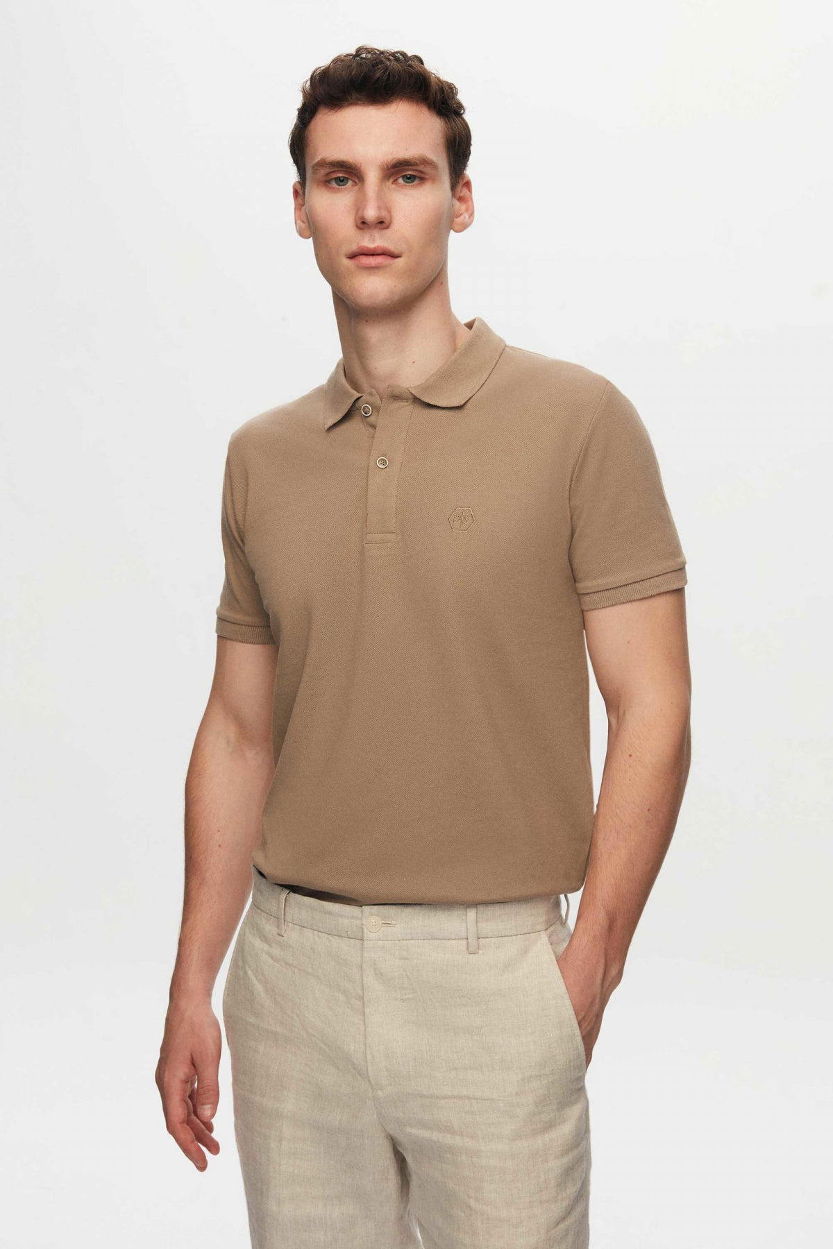 Ds Damat Regular Fit Mixed Color Textured 100% Cotton Polo Collar T-Shirt  - Taupe/Light Blue/White