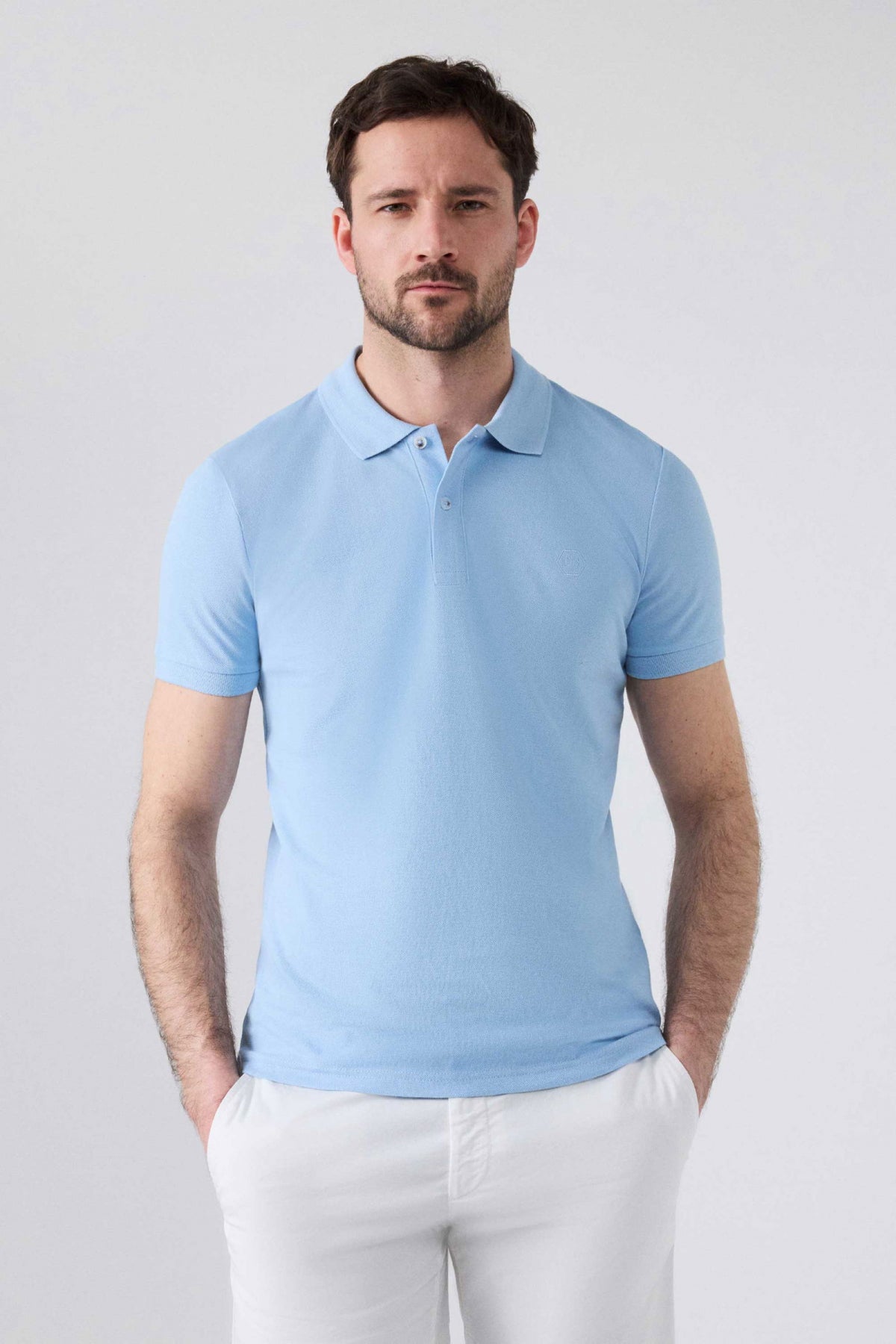 Ds Damat Regular Fit Mixed Color Textured 100% Cotton Polo Collar T-Shirt  - Taupe/Light Blue/White