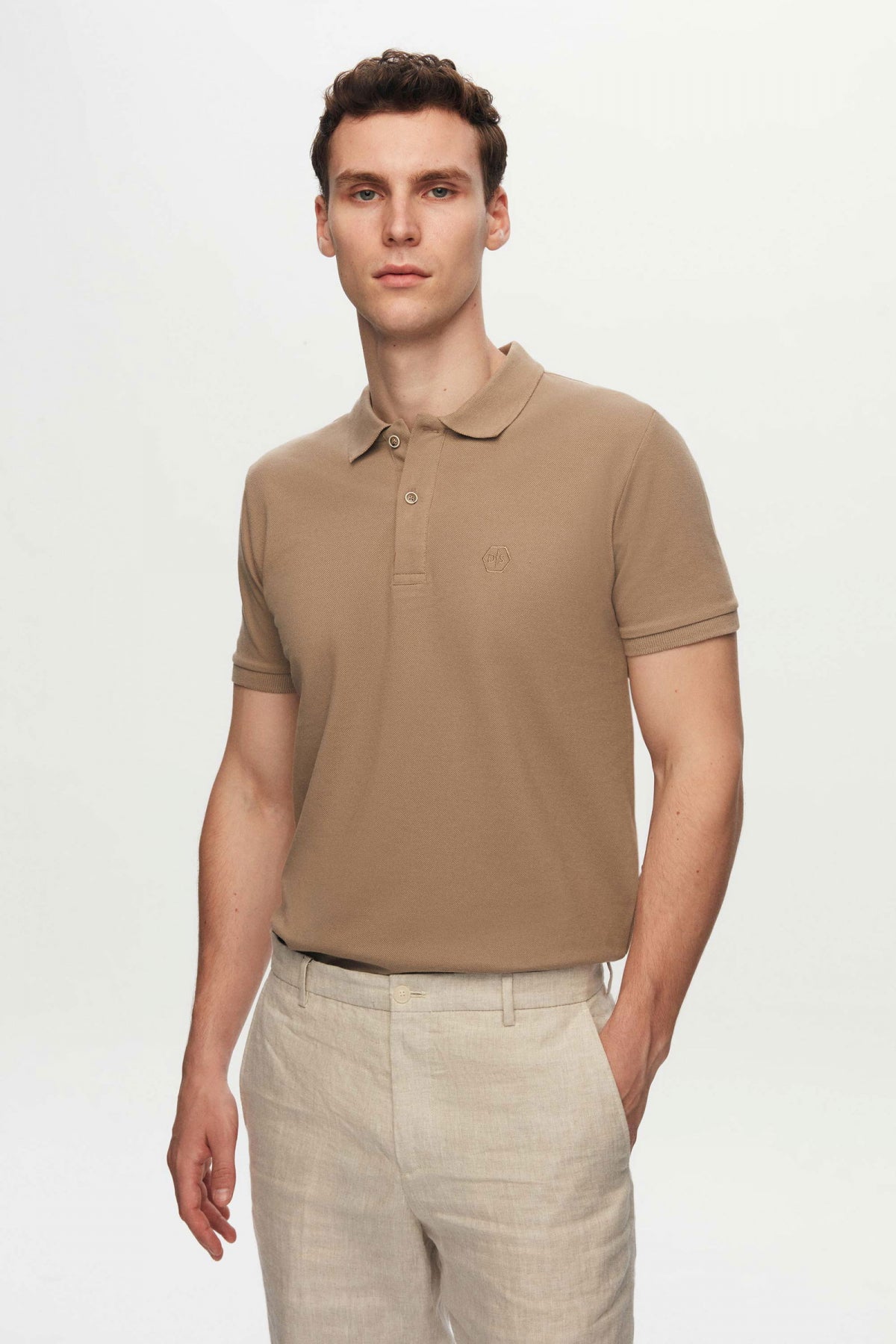 Ds Damat Regular Fit Mixed Color Textured 100% Cotton Polo Collar T-Shirt  - Taupe/Stone/White