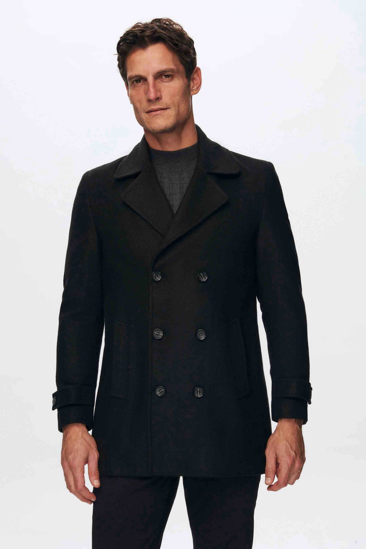 Ds Damat Regular Fit Mono Collar Double-Breasted Wool Coat  - Black