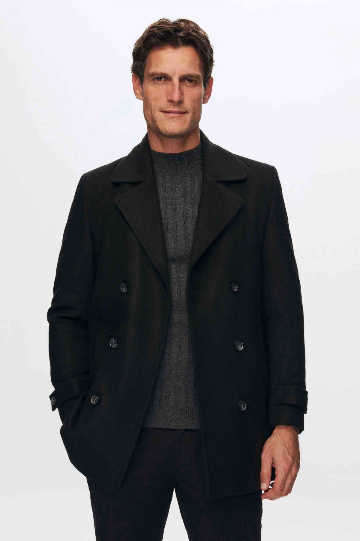 Ds Damat Regular Fit Mono Collar Double-Breasted Wool Coat  - Black
