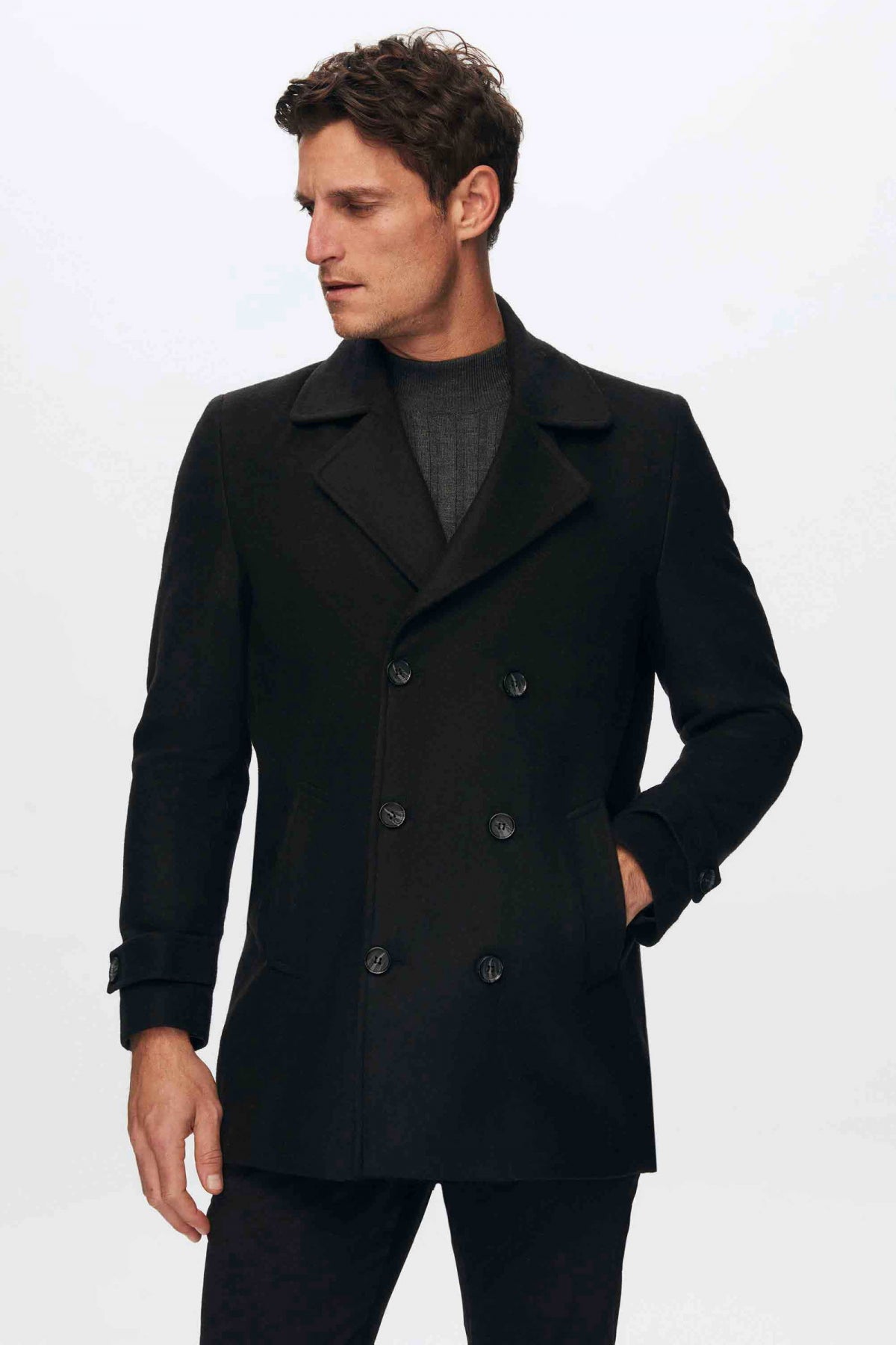 Ds Damat Regular Fit Mono Collar Double-Breasted Wool Coat  - Black