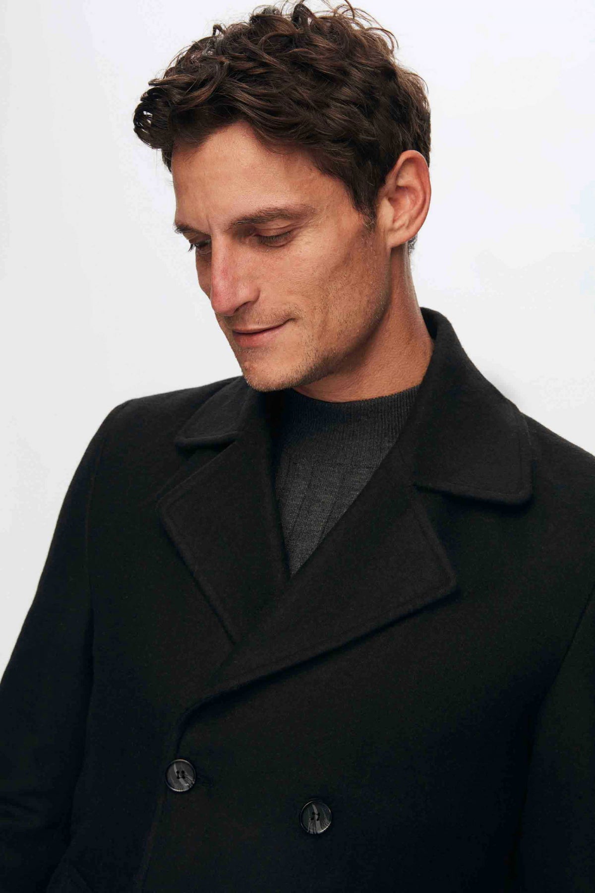 Ds Damat Regular Fit Mono Collar Double-Breasted Wool Coat  - Black