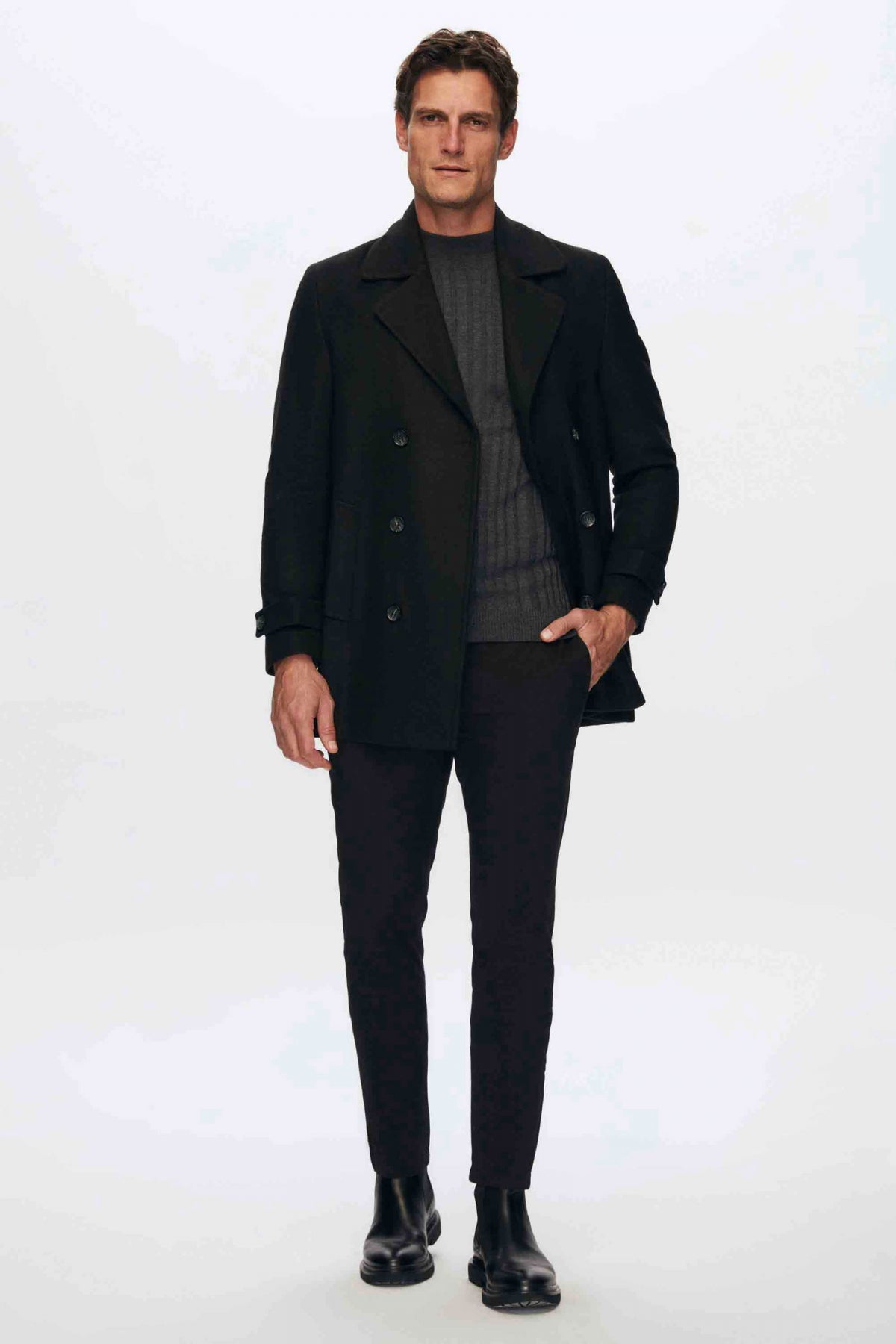 Ds Damat Regular Fit Mono Collar Double-Breasted Wool Coat  - Black