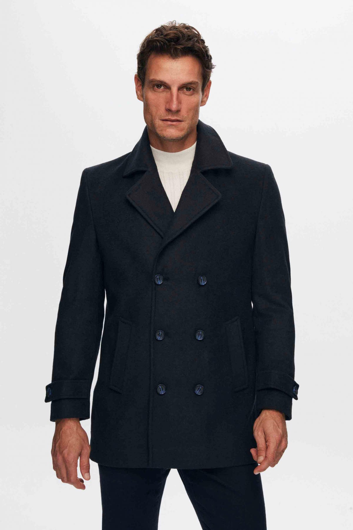 Ds Damat Regular Fit Mono Collar Double-Breasted Wool Coat  - Navy Blue