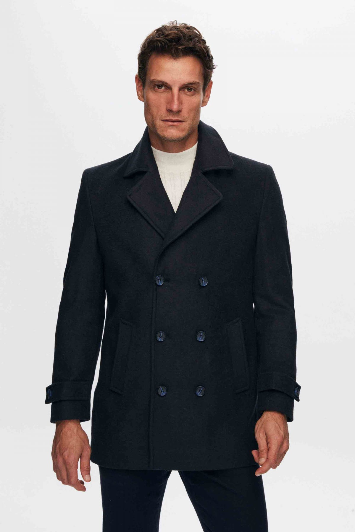 Ds Damat Regular Fit Mono Collar Double-Breasted Wool Coat  - Navy Blue