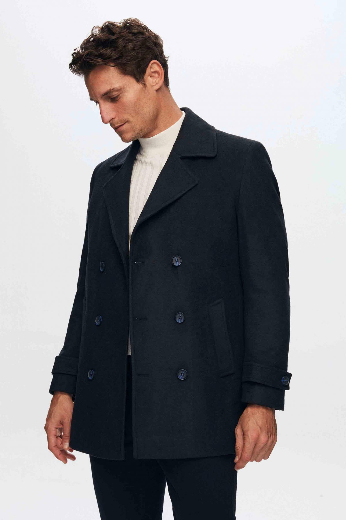 Ds Damat Regular Fit Mono Collar Double-Breasted Wool Coat  - Navy Blue