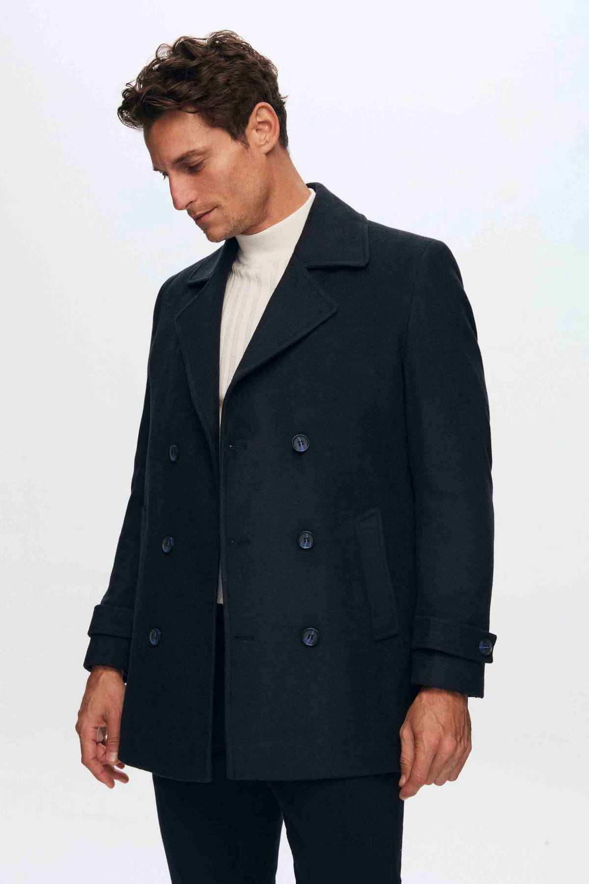 Ds Damat Regular Fit Mono Collar Double-Breasted Wool Coat  - Navy Blue