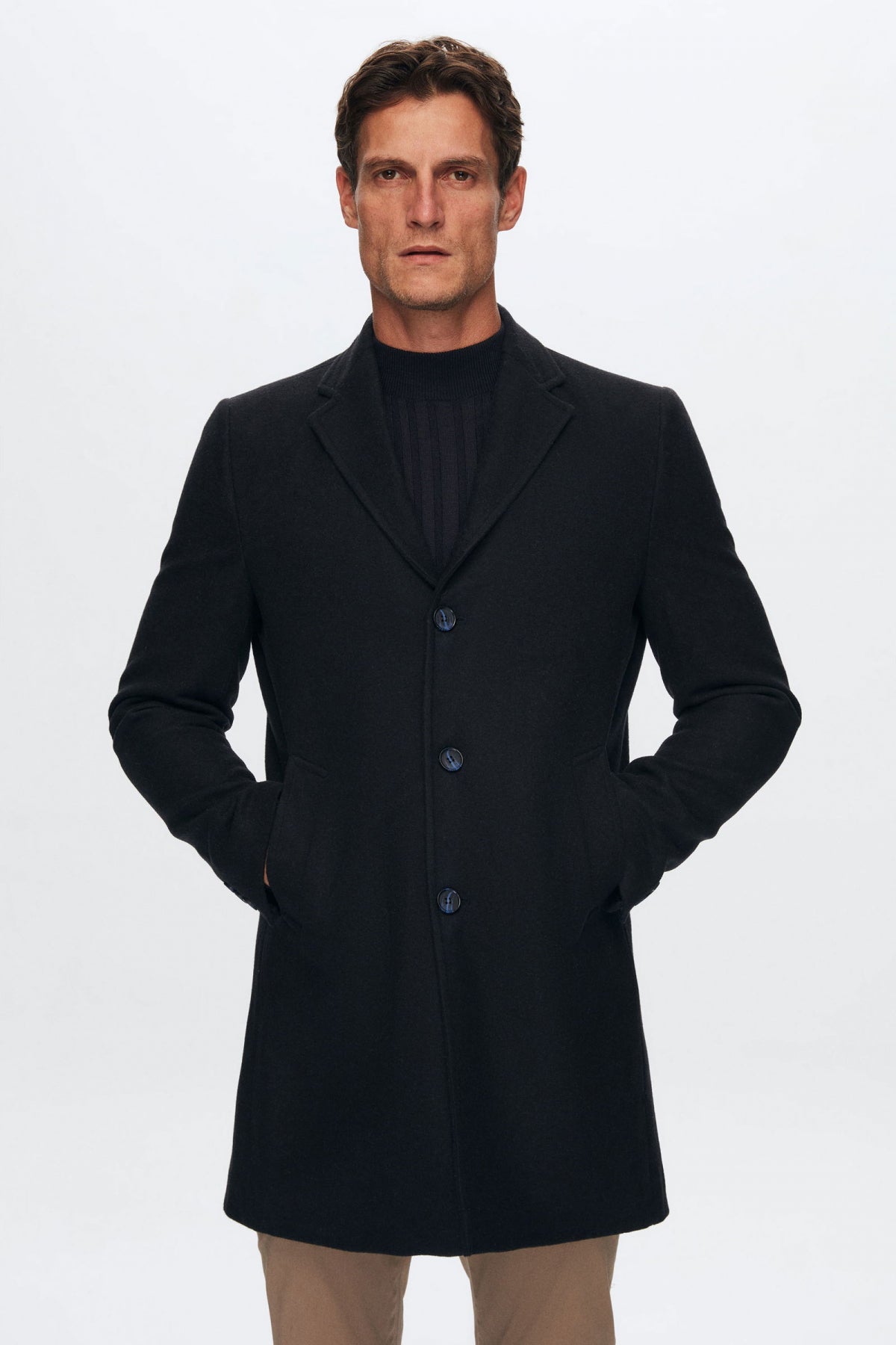 Ds Damat Regular Fit Mono Collar Wool Coat  - Navy Blue