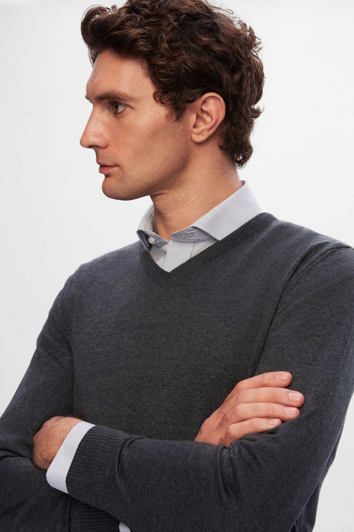 Ds Damat Regular Fit Plain V-Neck Knit Sweater  - Anthracite