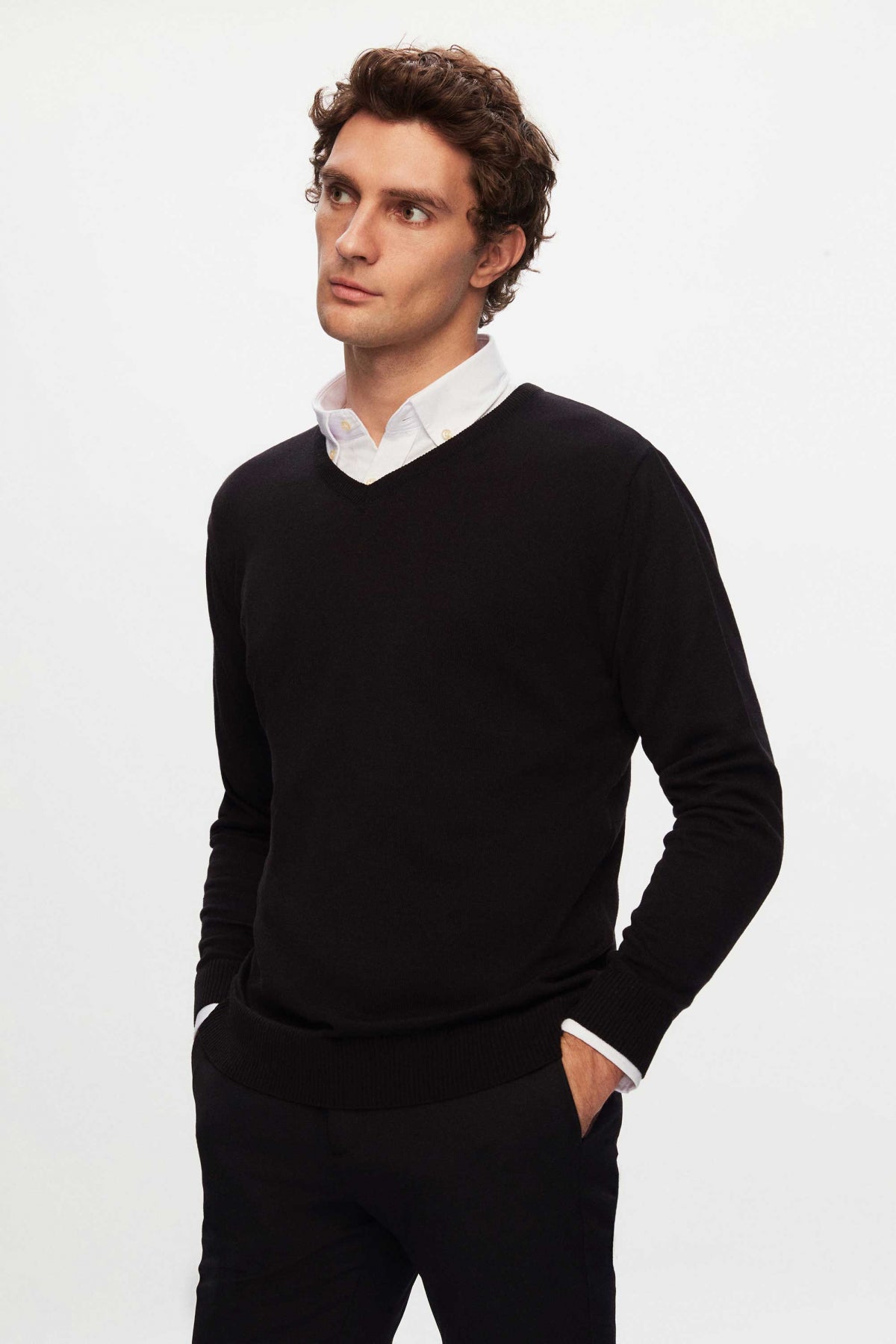 Ds Damat Regular Fit Plain V-Neck Knit Sweater  - Black