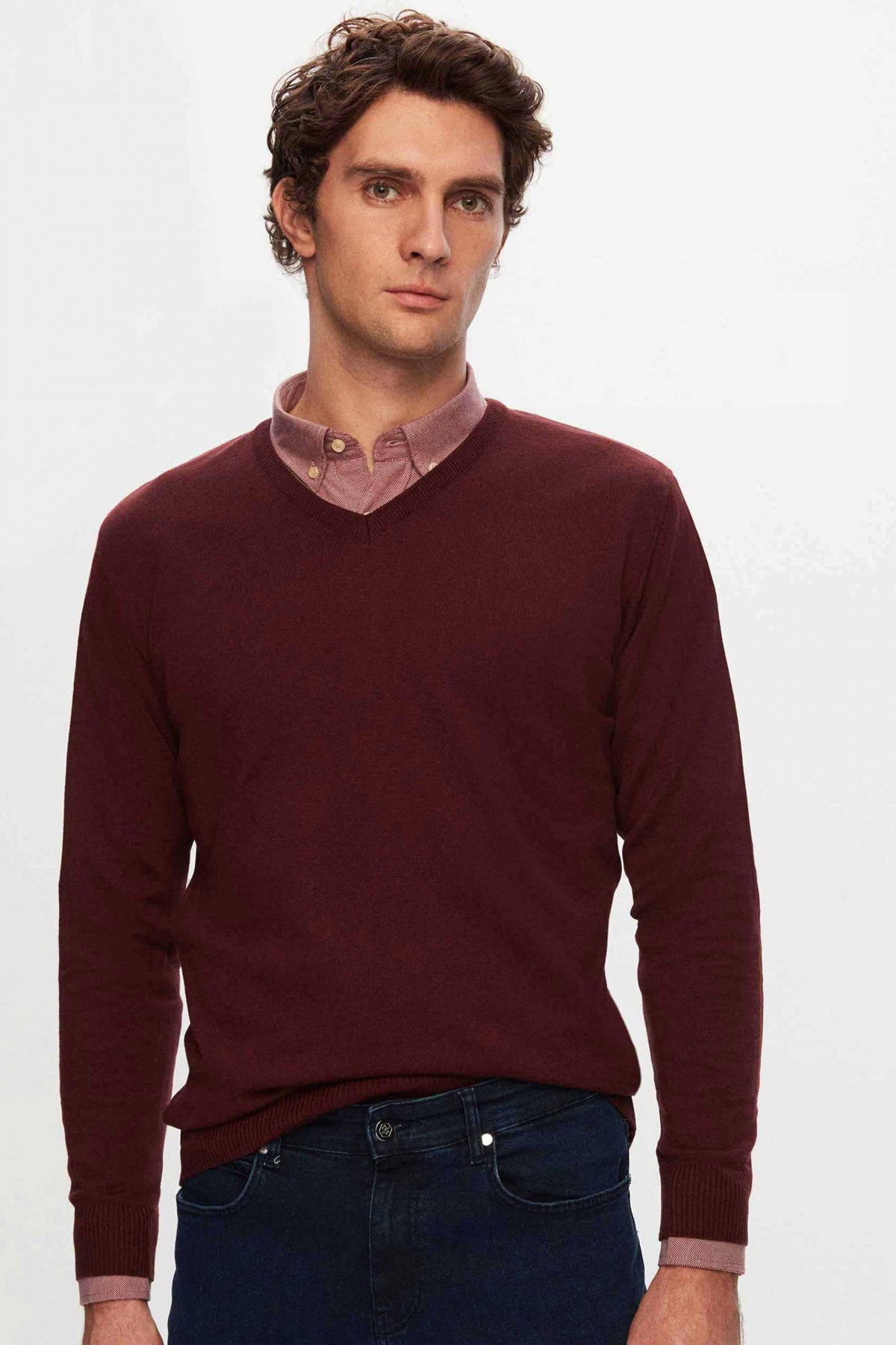 Ds Damat Regular Fit Plain V-Neck Knit Sweater  - Burgundy