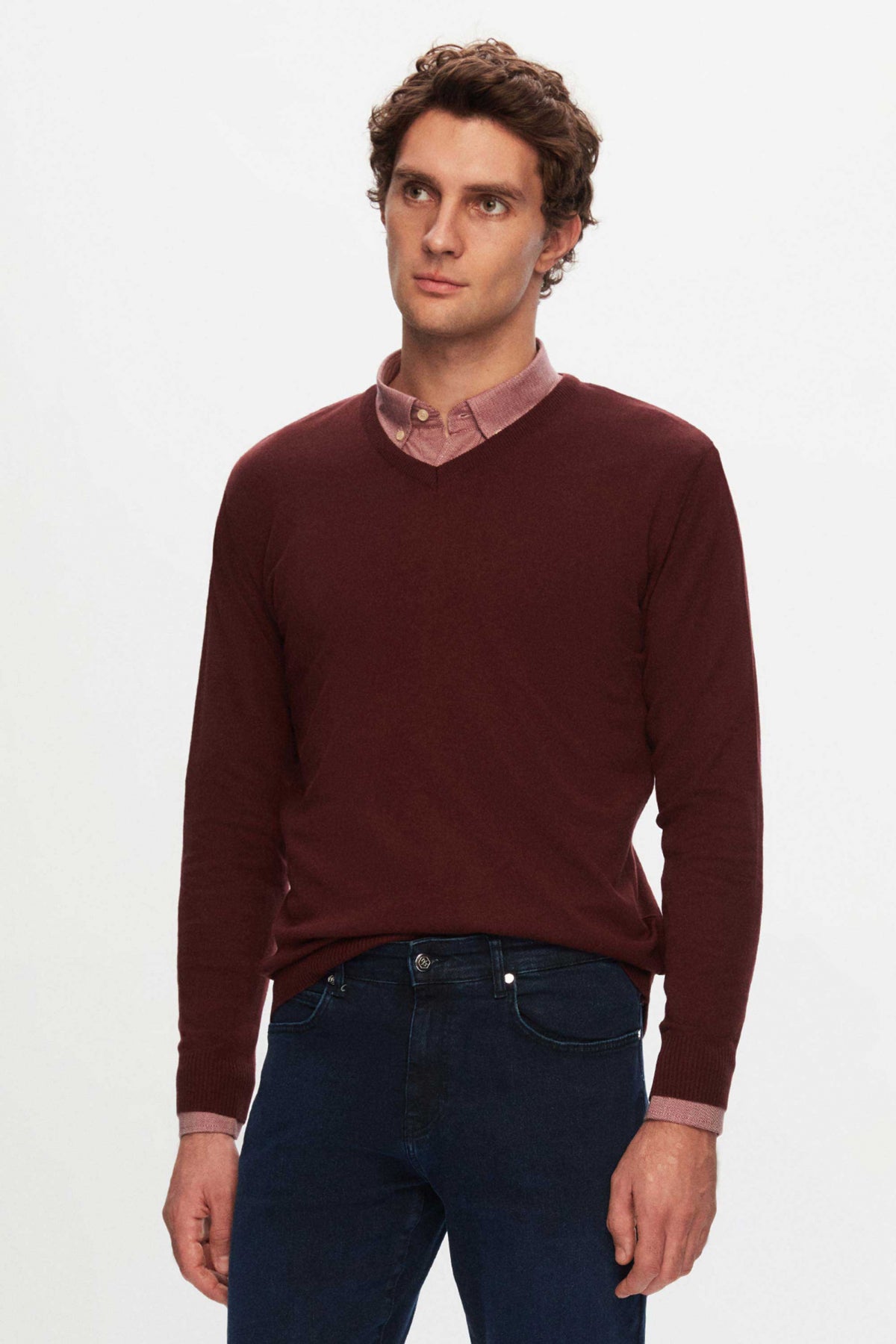Ds Damat Regular Fit Plain V-Neck Knit Sweater  - Burgundy