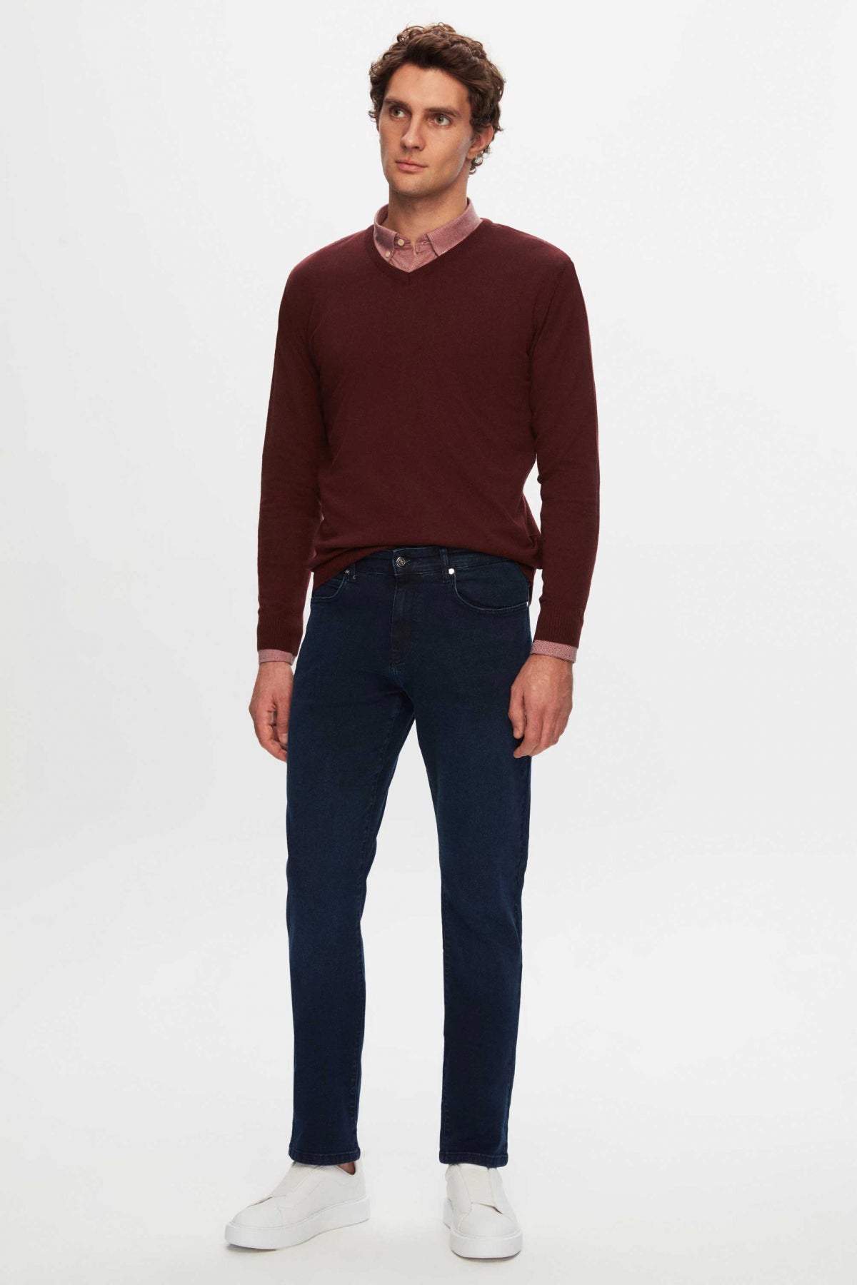 Ds Damat Regular Fit Plain V-Neck Knit Sweater  - Burgundy