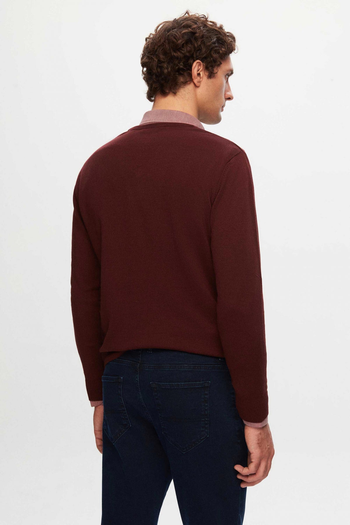 Ds Damat Regular Fit Plain V-Neck Knit Sweater  - Burgundy