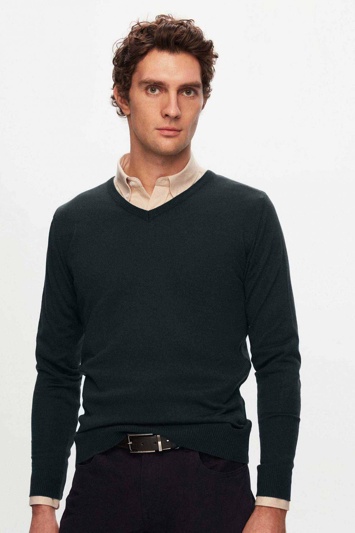 Ds Damat Regular Fit Plain V-Neck Knit Sweater  - Khaki