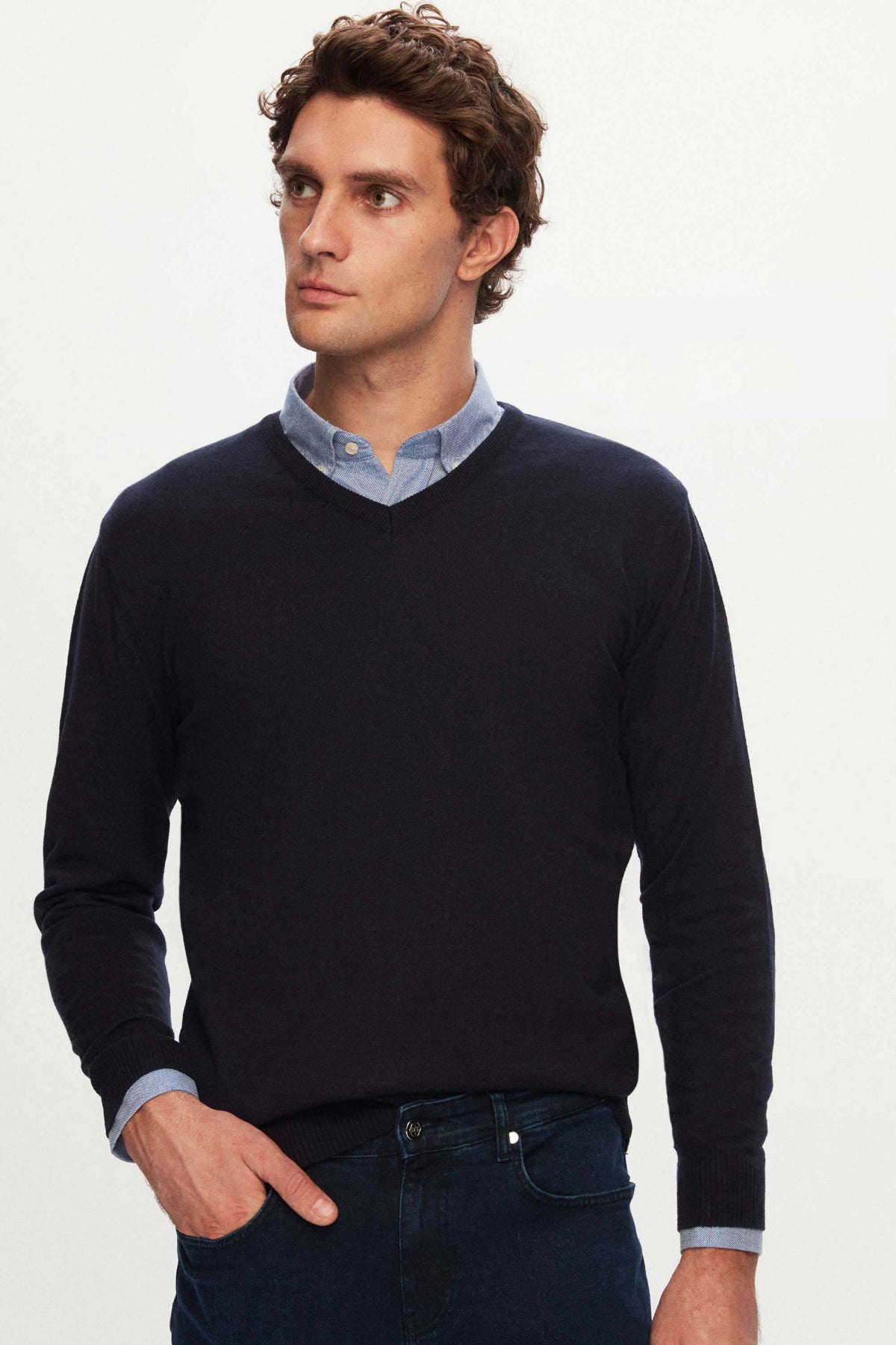 Ds Damat Regular Fit Plain V-Neck Knit Sweater  - Navy Blue