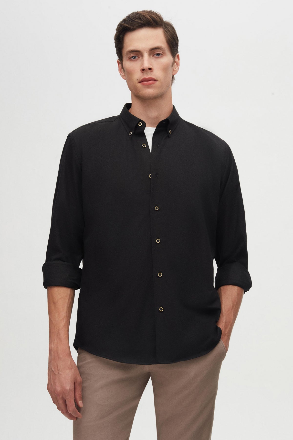Ds Damat Regular Fit Plain Winter Flannel Shirt  - Black